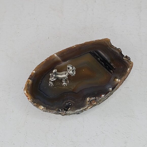 Agate Slice With Tiny Pewter Billy Goat Figurine - Picture 2 of 8